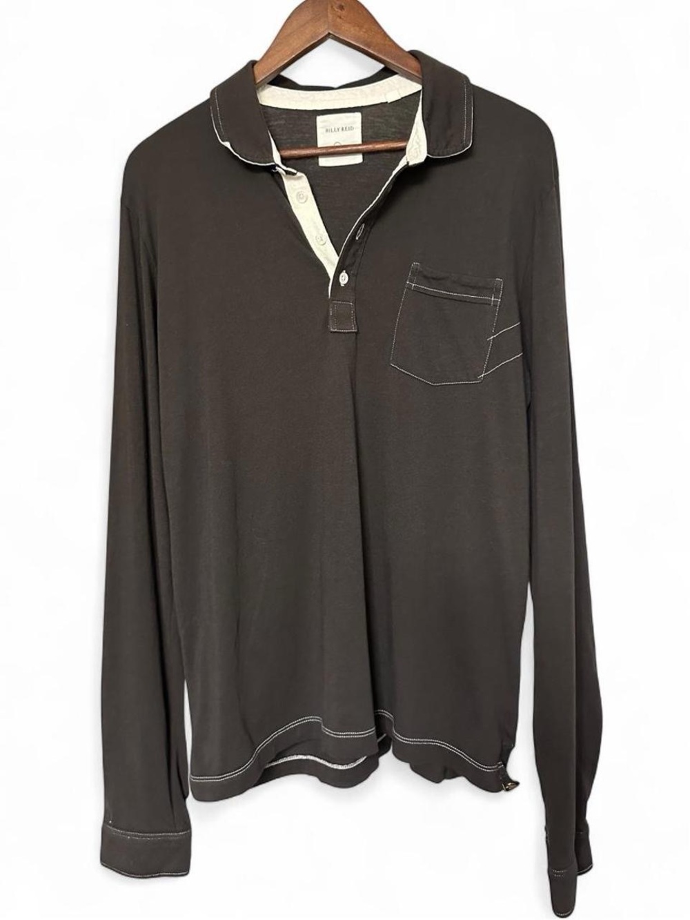 Billy Reid Long Sleeve Pensacola Polo Shirt Dark Brown/Grey Cotton Mens Size L